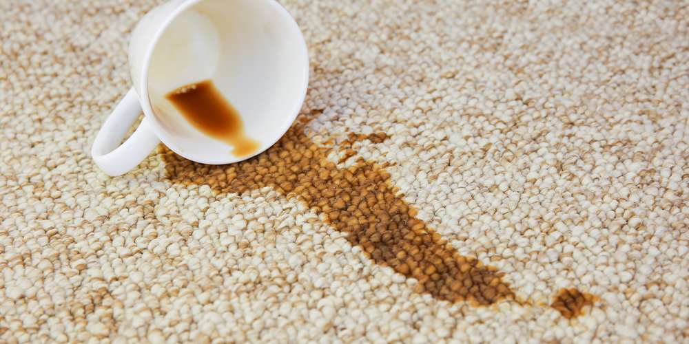 Coffee stain on carpet with a mug next to it